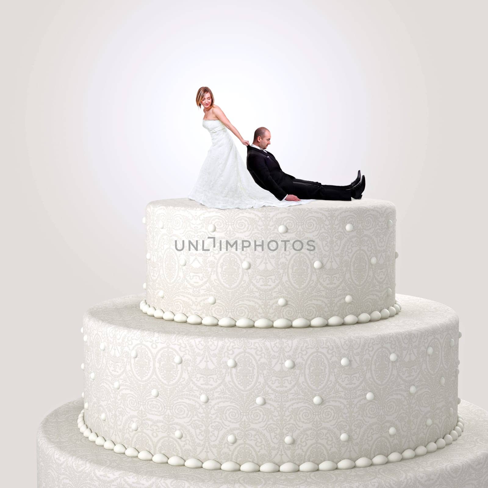 funny cake topper with bride and groom