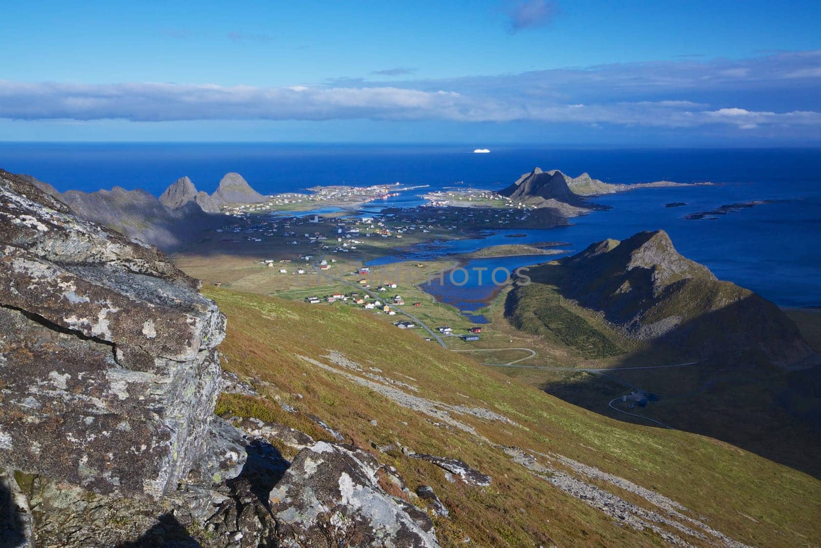 Scenic fishing town of Sorland on Vearoy, Lofoten islands in Norway