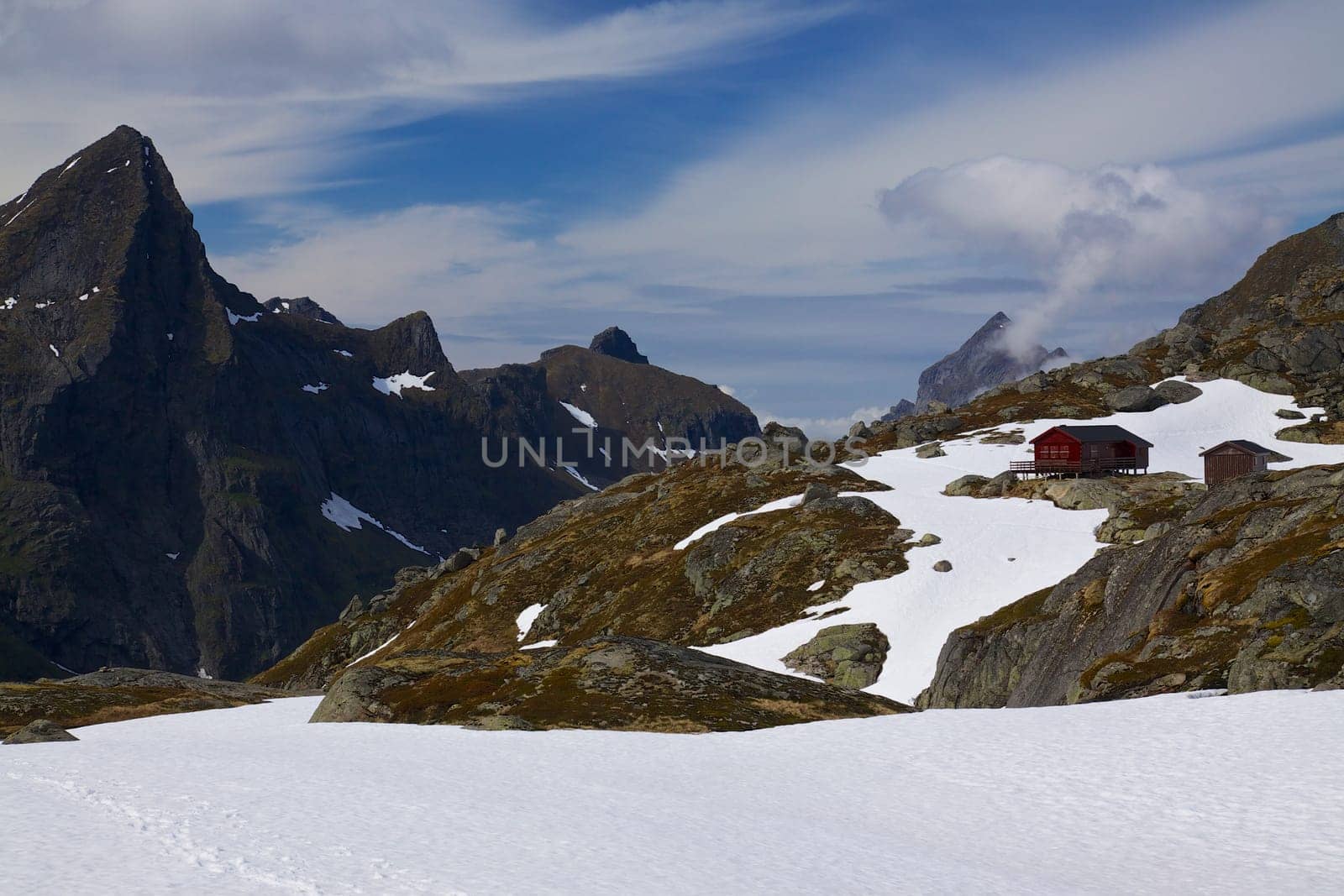Scenic mountain hut Munkebu on Lofoten islands in Norway in early summer