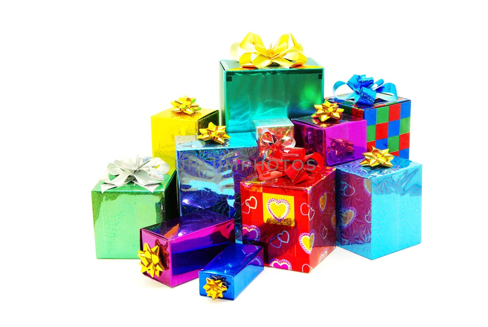 Christmas box gifts with satin bow isolated on white background