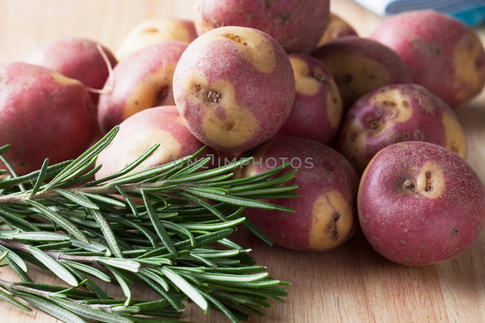 Apache potatoes raw on cutting board with rosemary