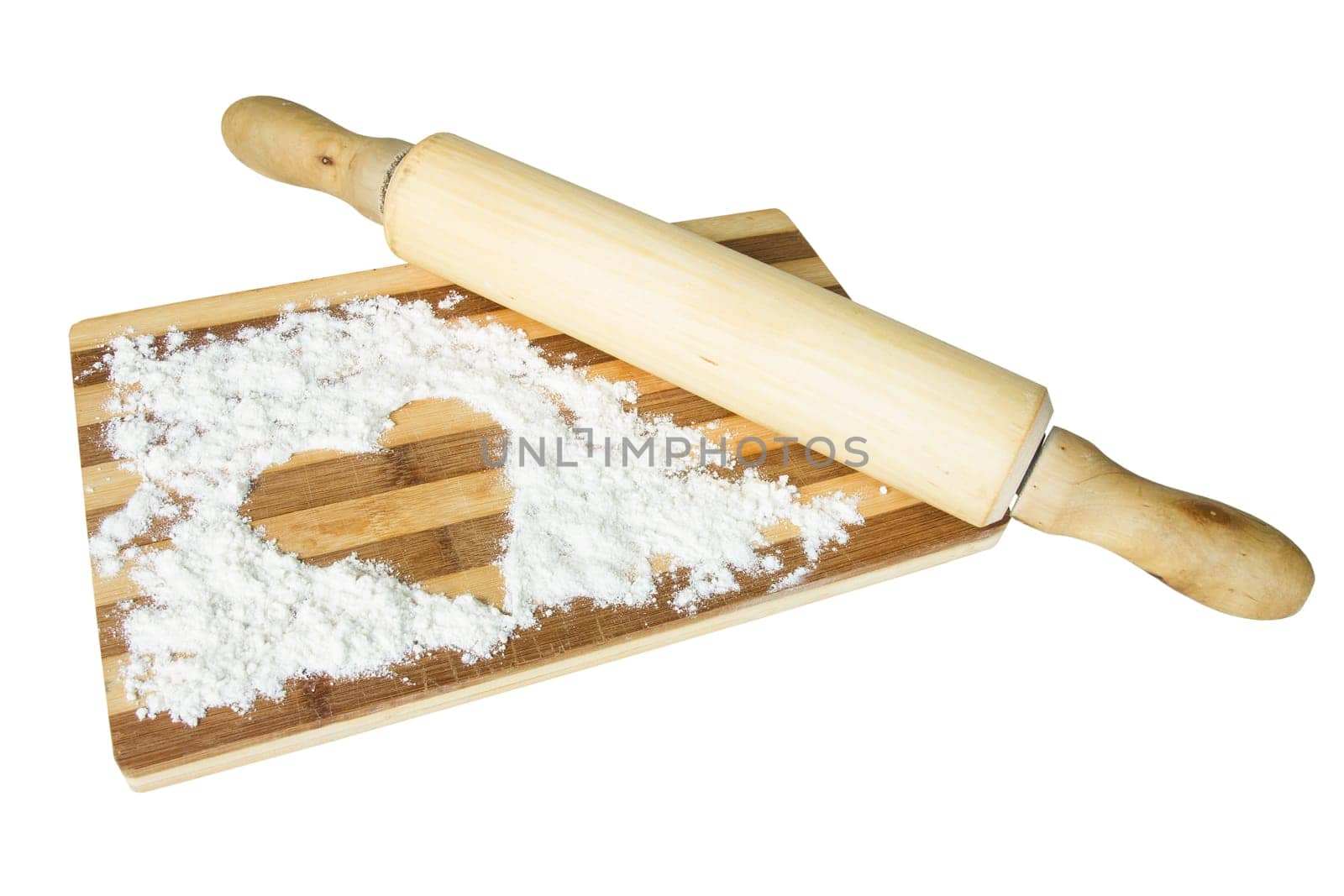 Dough roller, board and flour with heart shape. Isolated on white background.