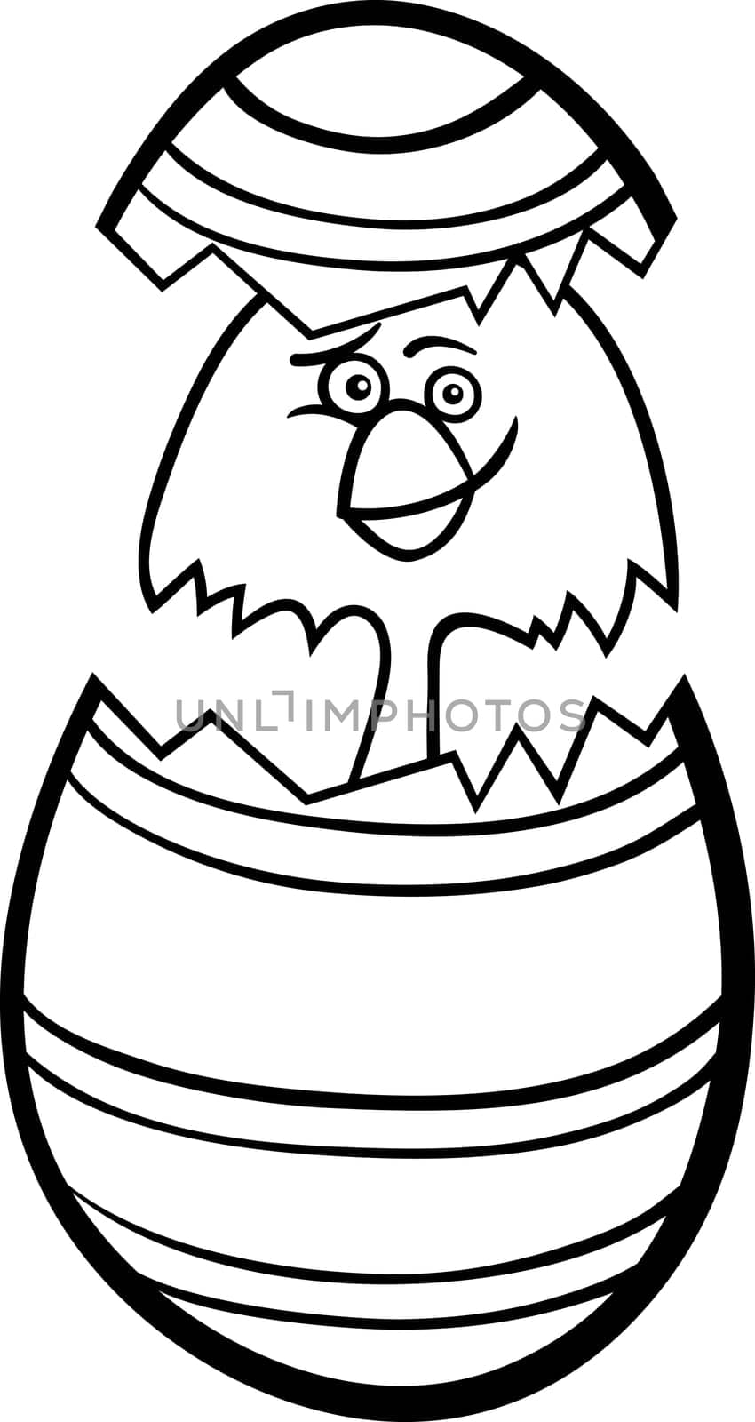 Black and White Cartoon Illustration of Funny Little Chicken or Chick in Colorful Eggshell of Easter Egg for Coloring Book