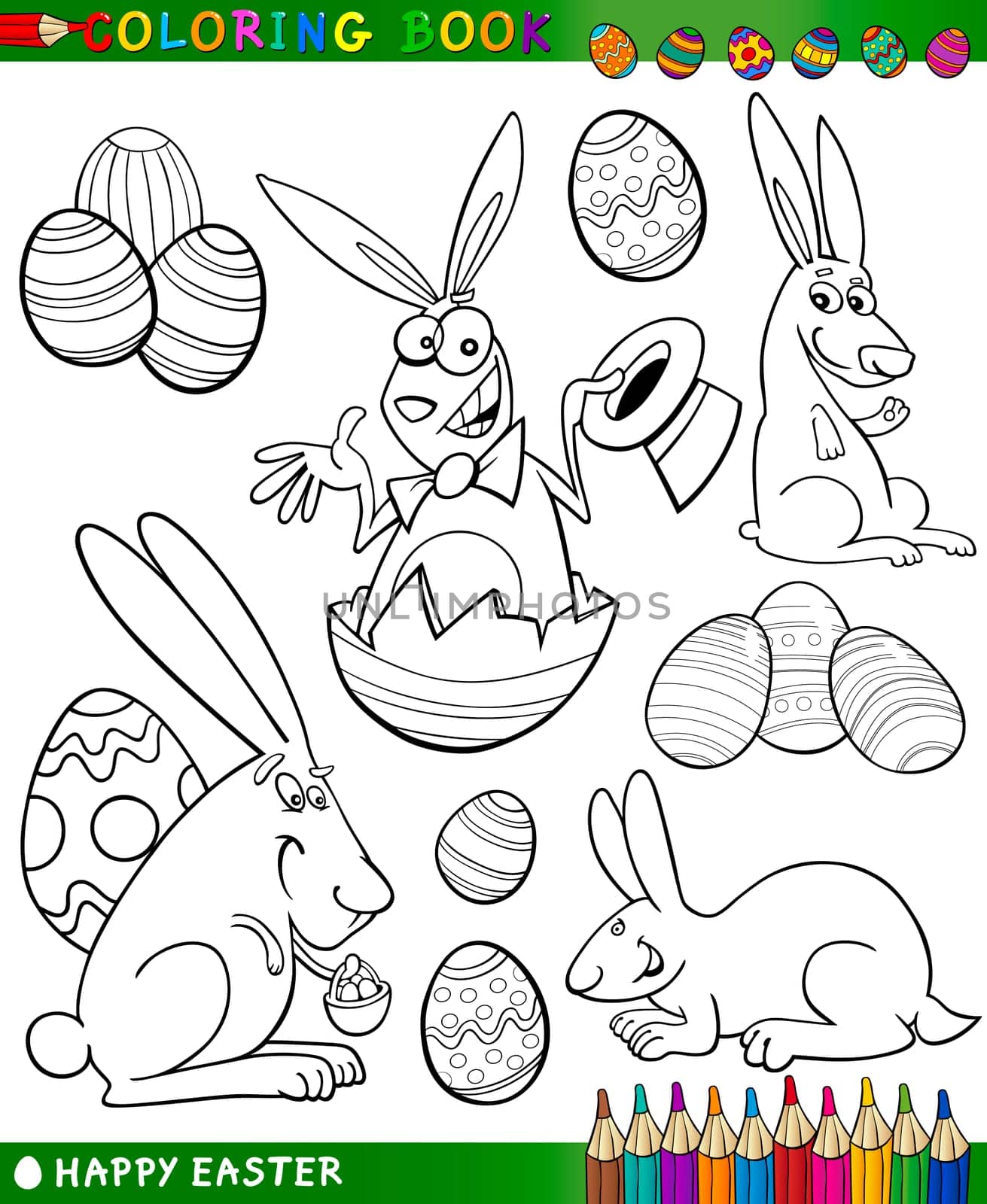 Easter Themes Collection Set of Black and White Cartoon Illustrations for Coloring Book