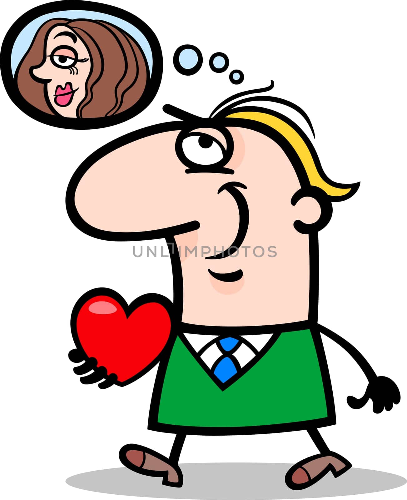 Cartoon Illustration of Funny Man Walking with his Valentine and thinking about Women he love for Valentines Day