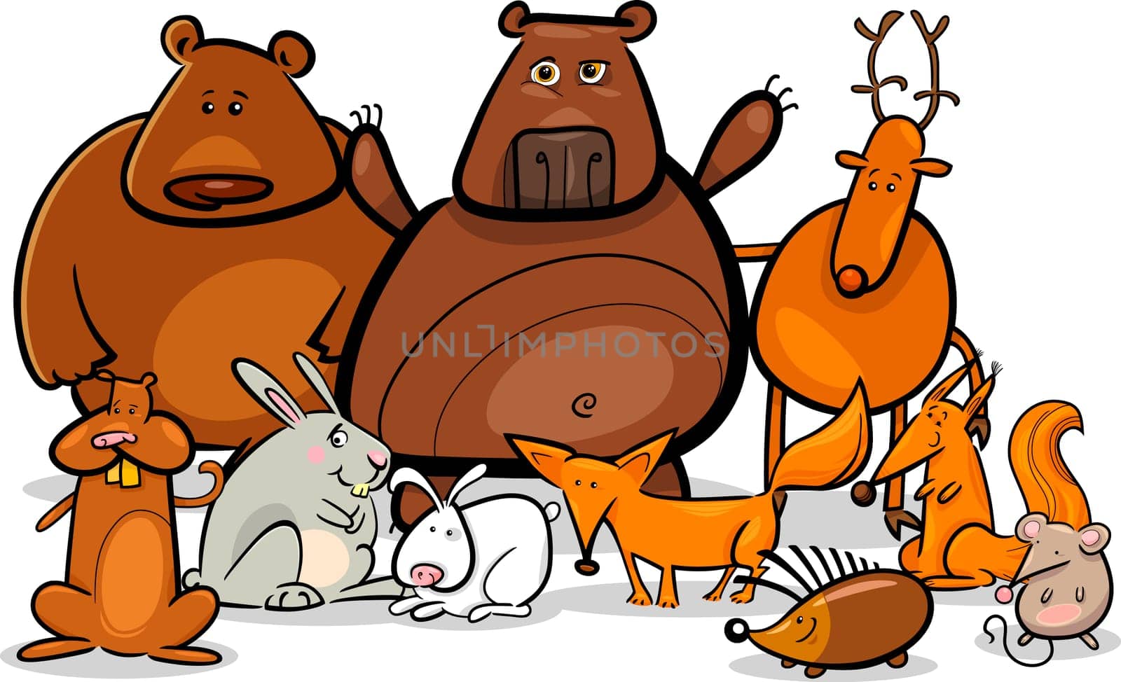 Cartoon Illustration of Funny Forest Wild Animals like Bears, Hedgehog, Deer, Hare and Fox