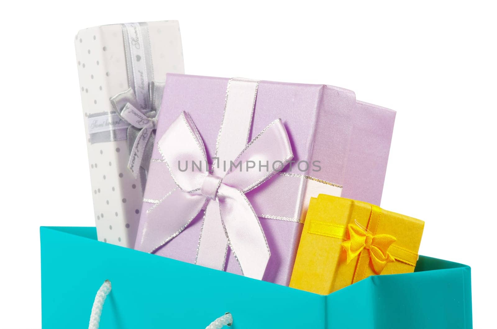 Christmas box gifts with satin bow isolated on white background