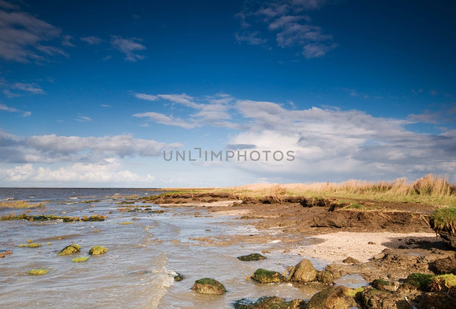 View of the North Sea beach at Hilgenriedersiel near the city of Norden / Lower Saxony at the beginning of sunset with demolitions of the adjacent pasture land