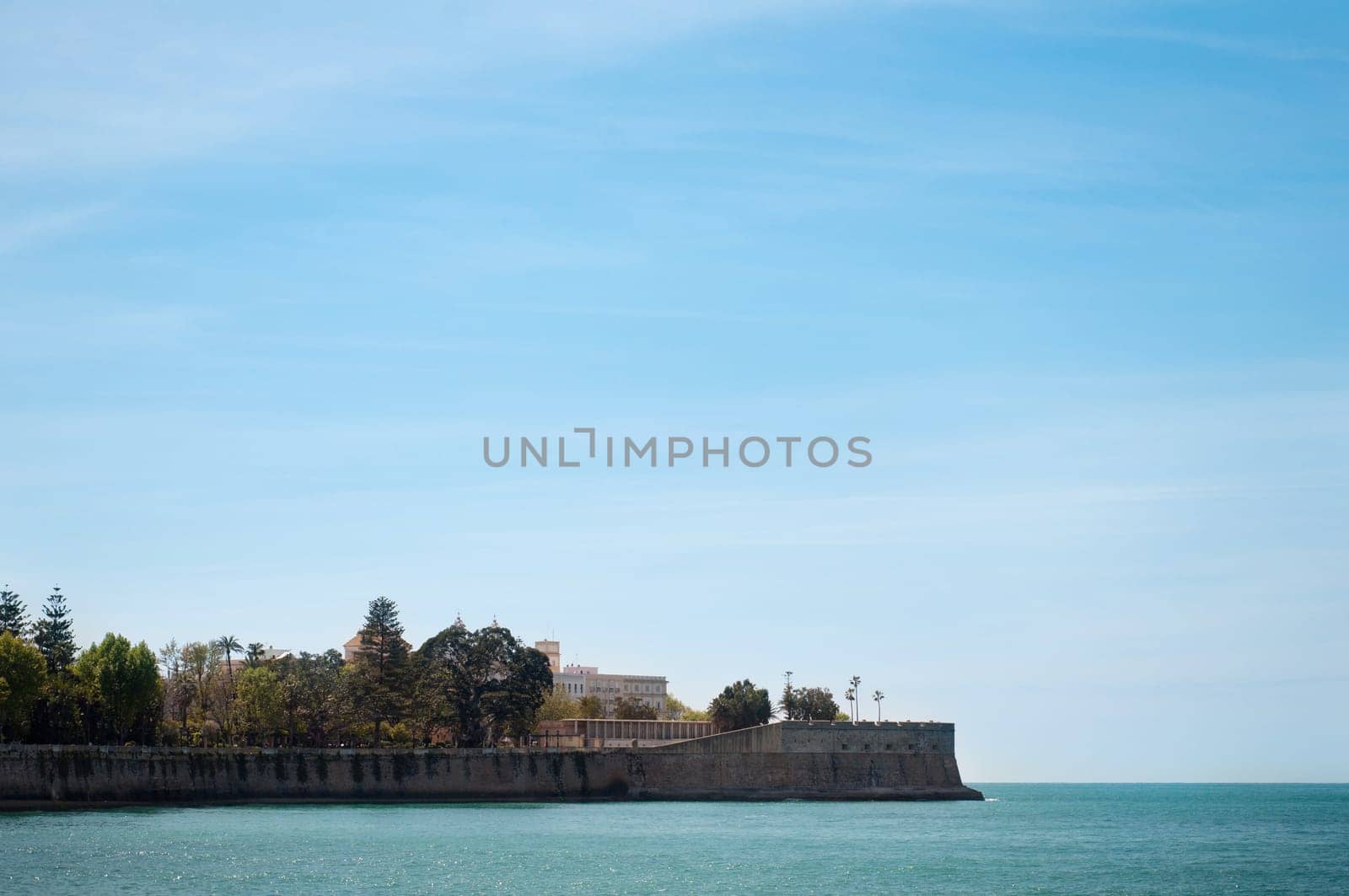 Beautiful coastline Cadiz view, blue sky and sea