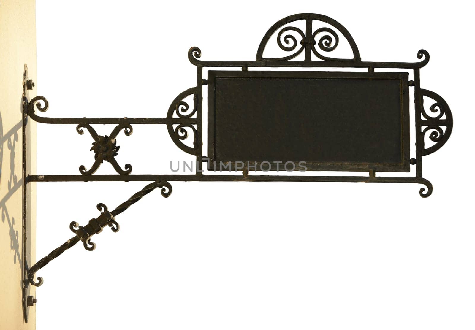Old metal (store) sign with empty space for text, isolated on white.