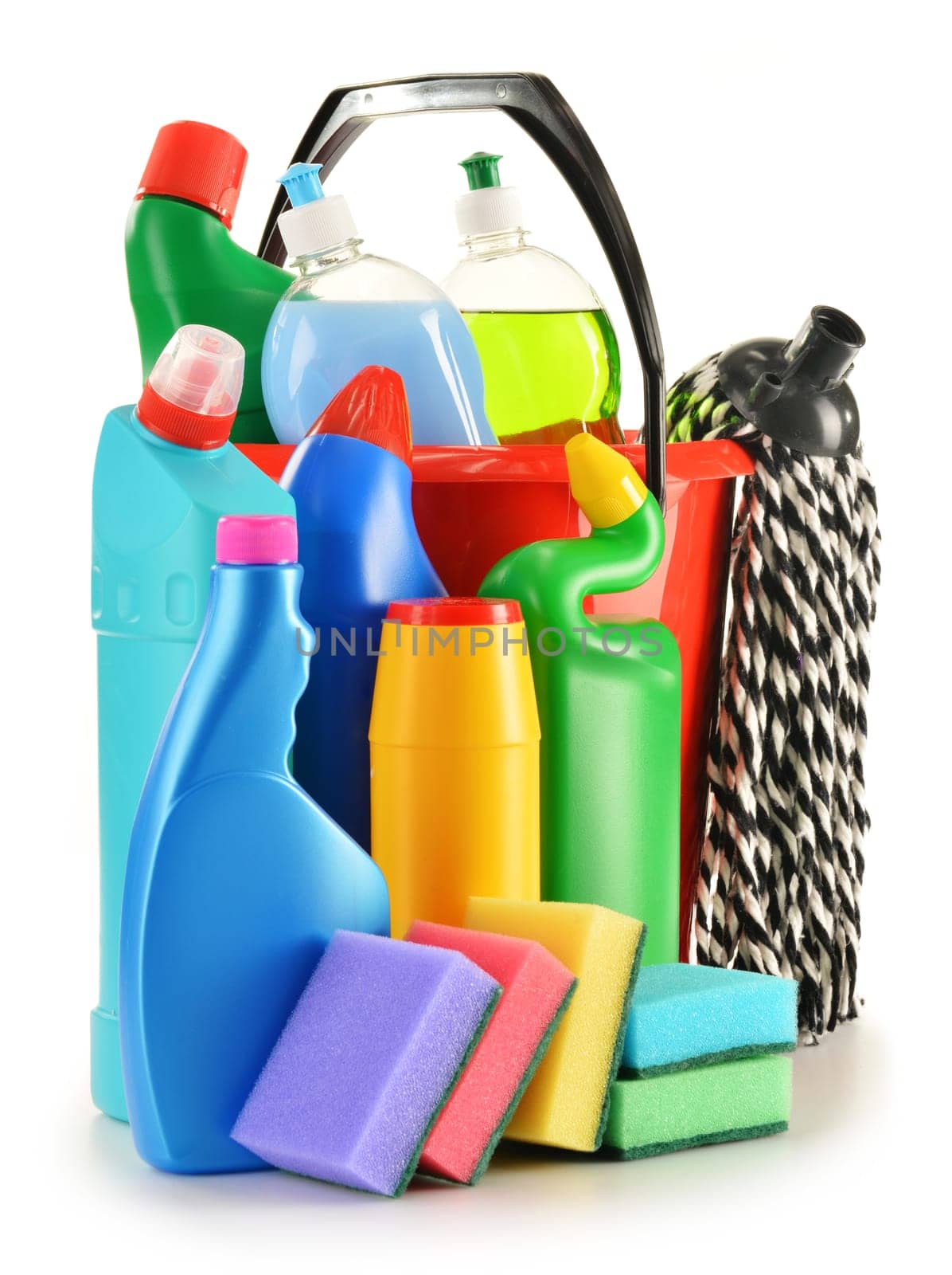 Detergent bottles isolated on white. Chemical cleaning supplies isolated on white