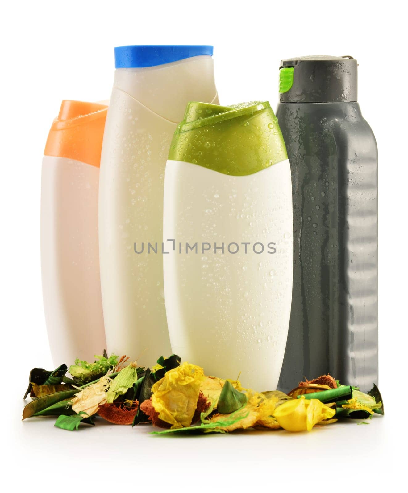 Composition with plastic bottles of body care and beauty products