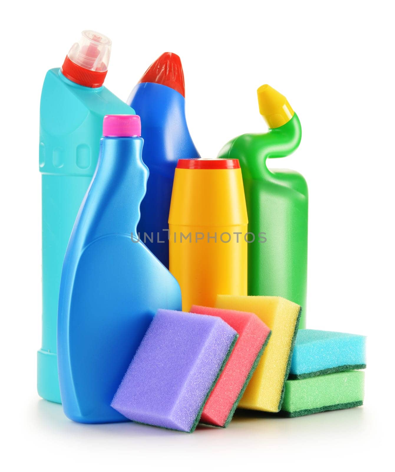 Detergent bottles isolated on white. Chemical cleaning supplies isolated on white