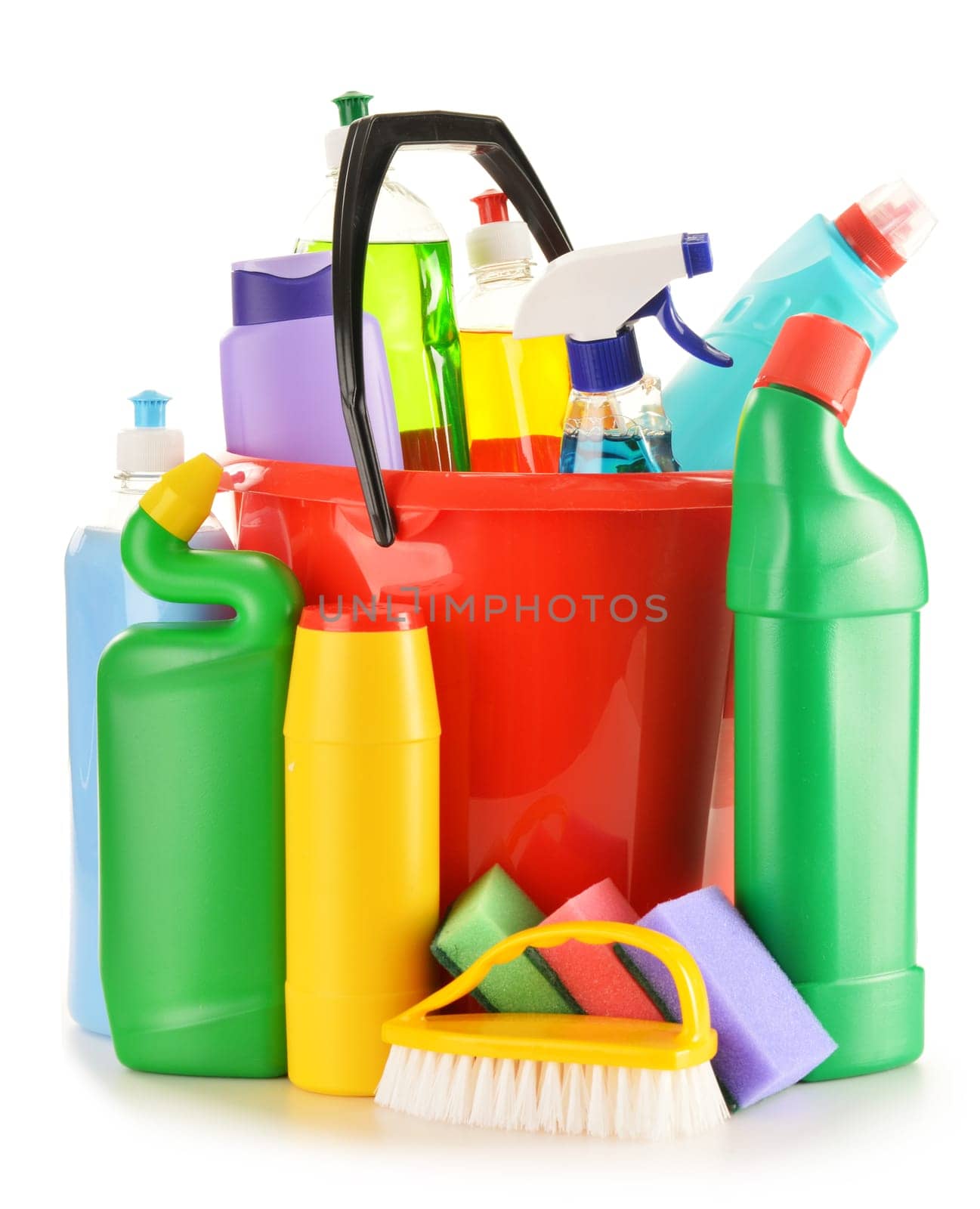 Detergent bottles isolated on white. Chemical cleaning supplies isolated on white