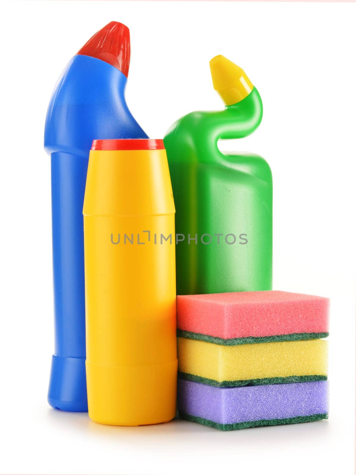 Detergent bottles isolated on white. Chemical cleaning supplies isolated on white