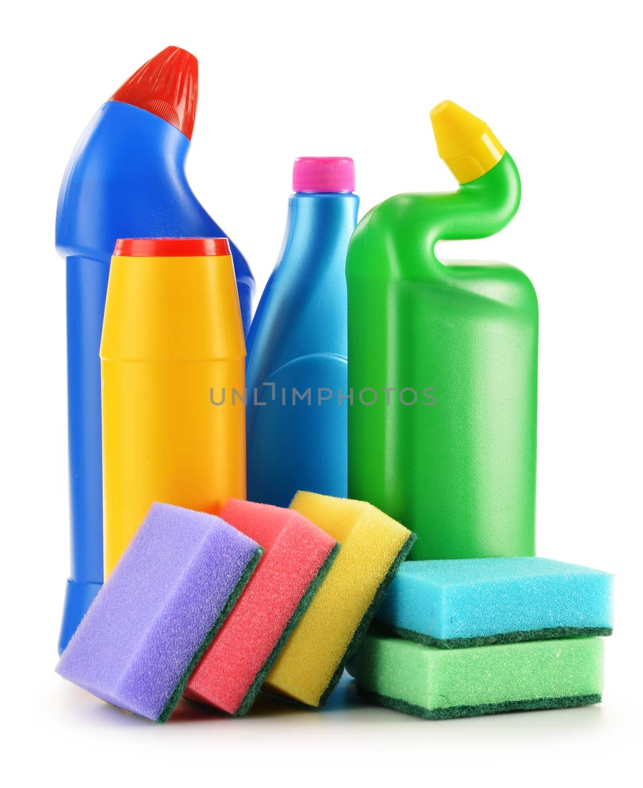 Detergent bottles isolated on white. Chemical cleaning supplies isolated on white