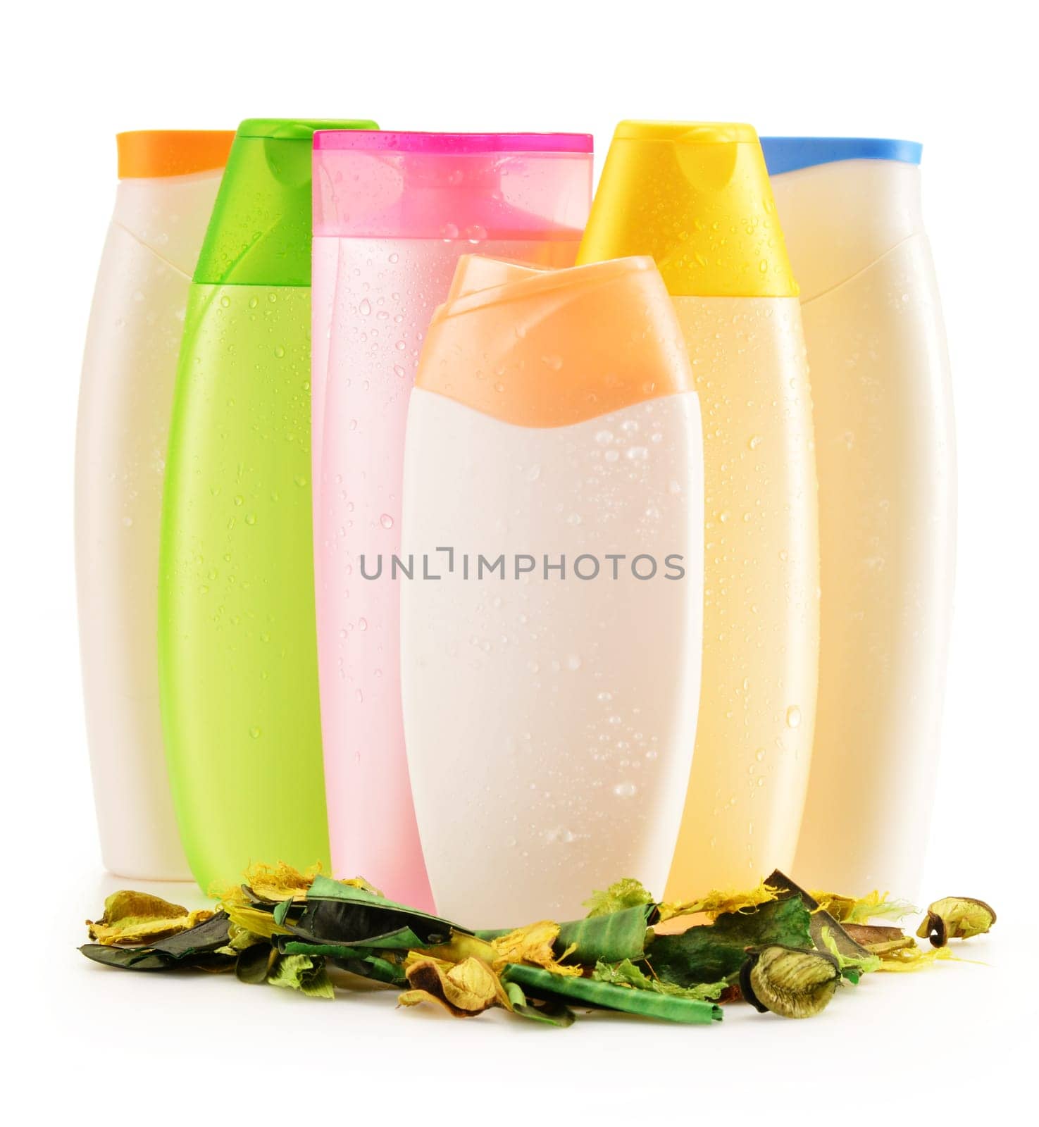 Composition with plastic bottles of body care and beauty products