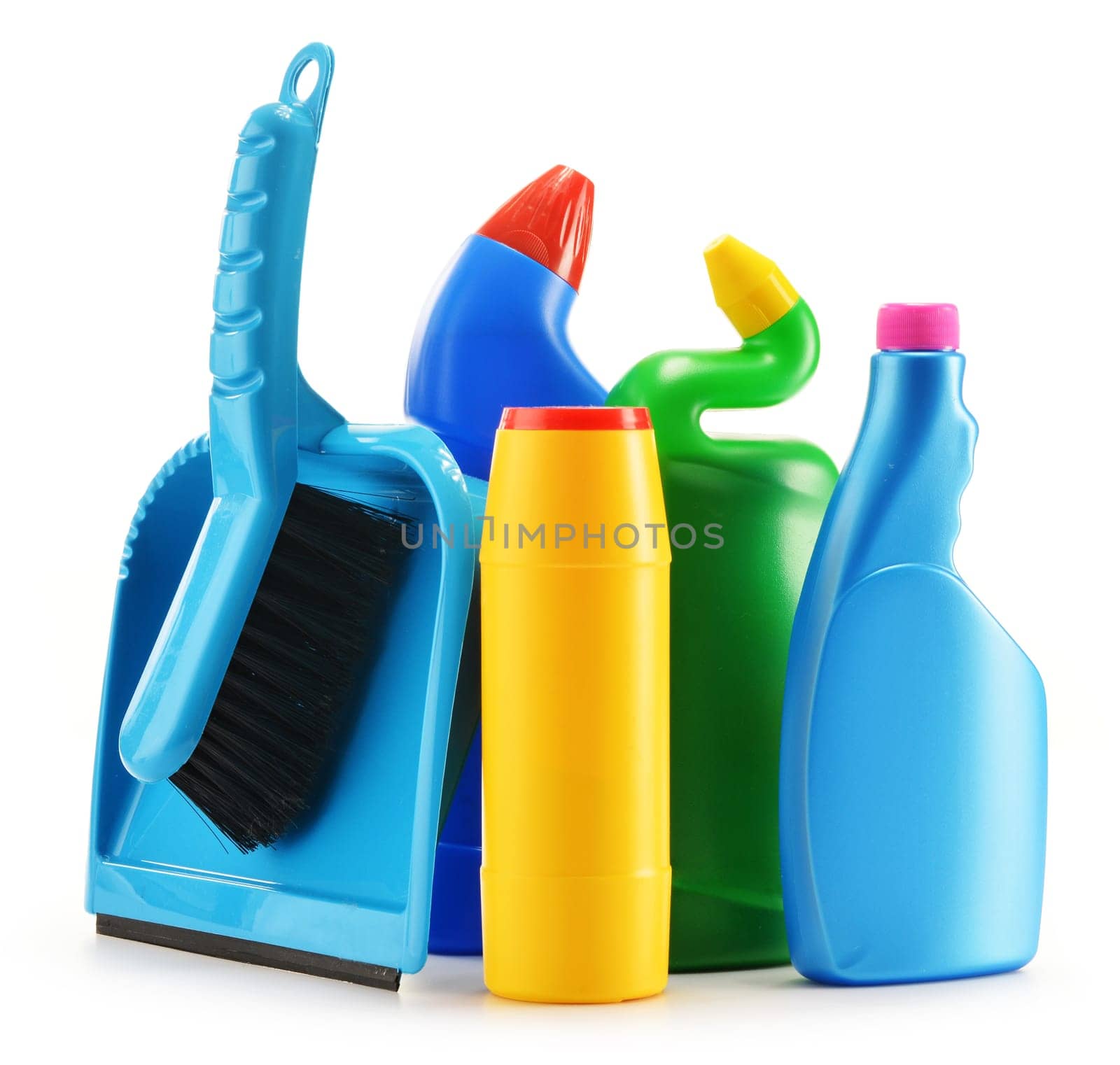 Detergent bottles isolated on white. Chemical cleaning supplies isolated on white