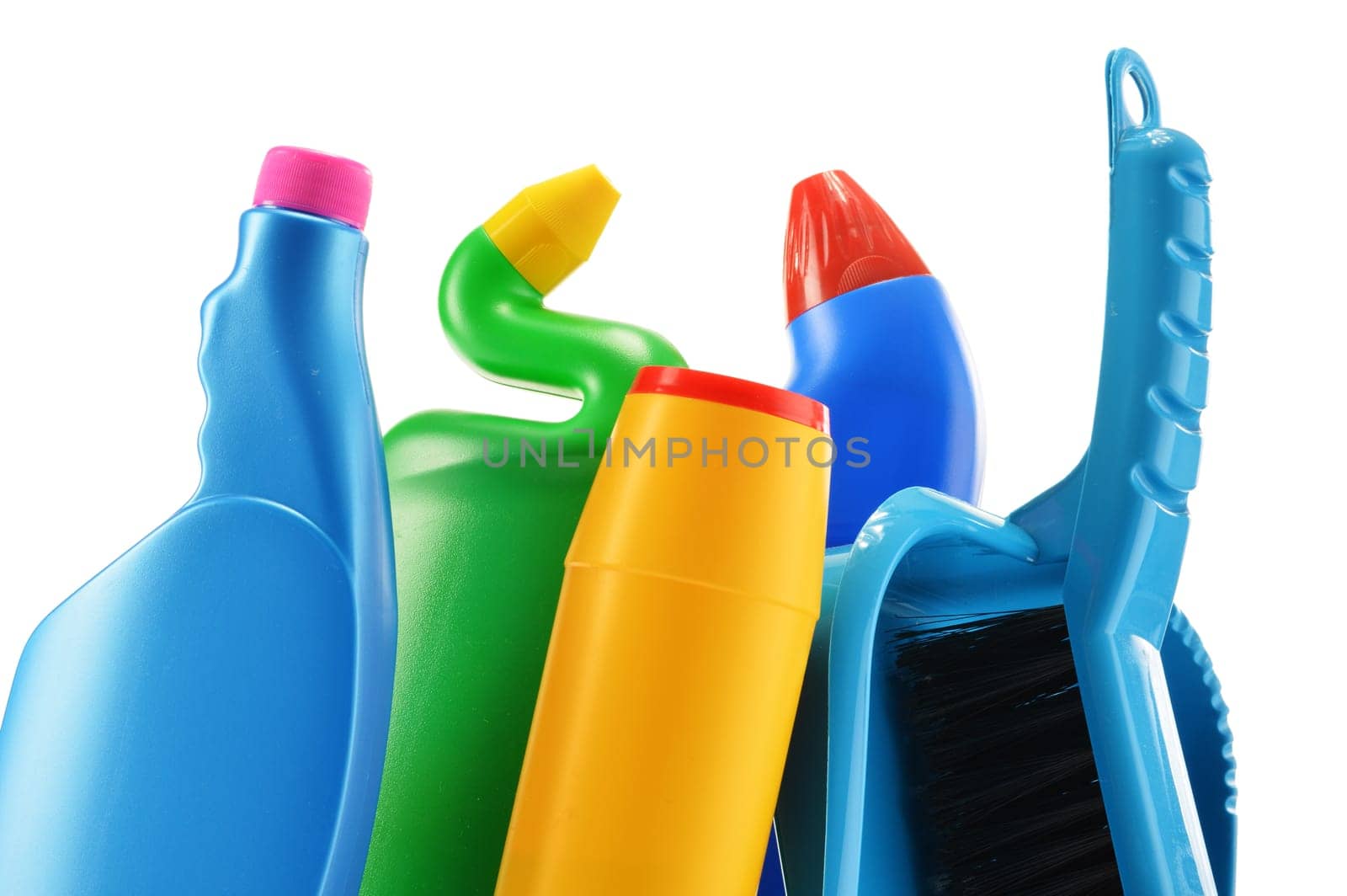 Detergent bottles isolated on white. Chemical cleaning supplies isolated on white