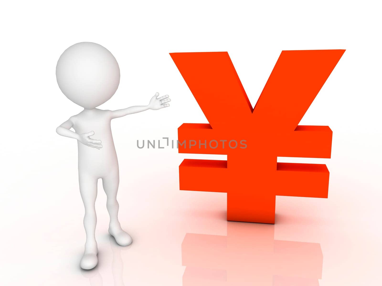 White 3d man near the yen. Isolated render on a white background