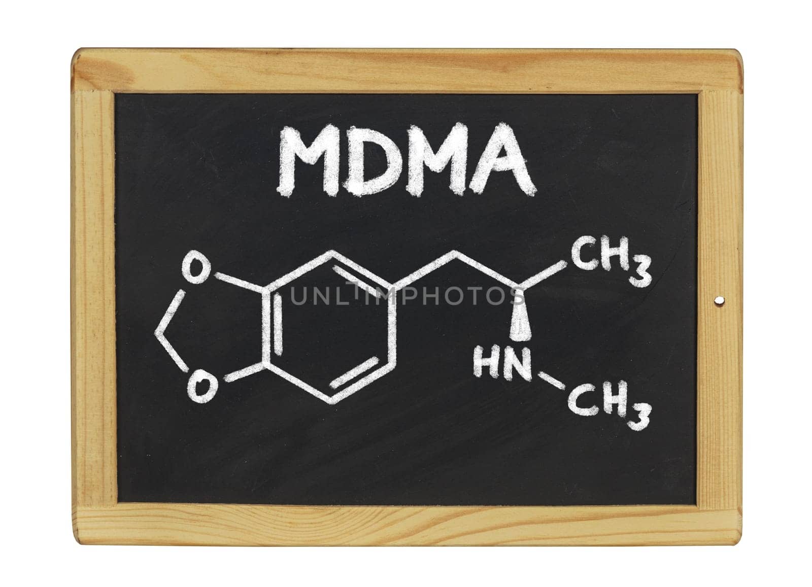 chemical structural formula of MDMA on a slate