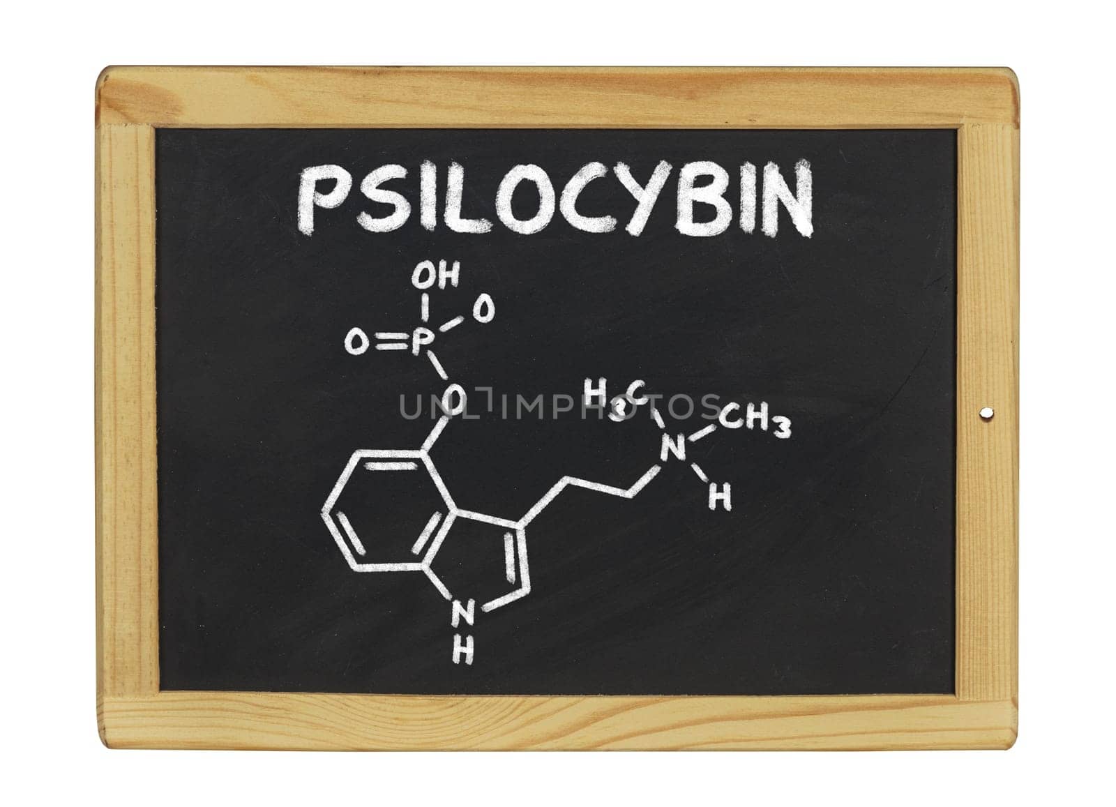 chemical structural formula of psilocybin on a slate