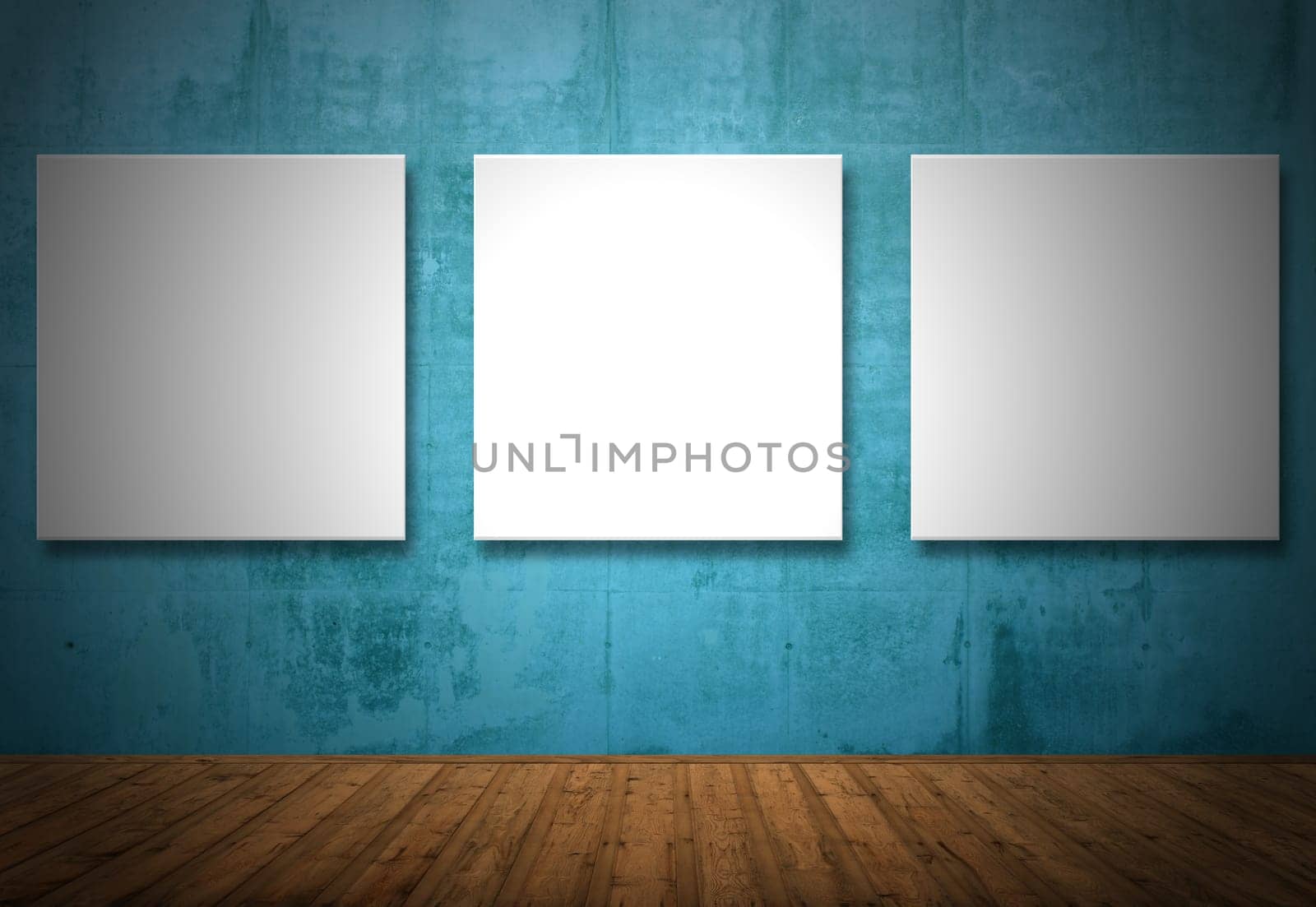 Wooden floor and stone wall with 3 blank pictures