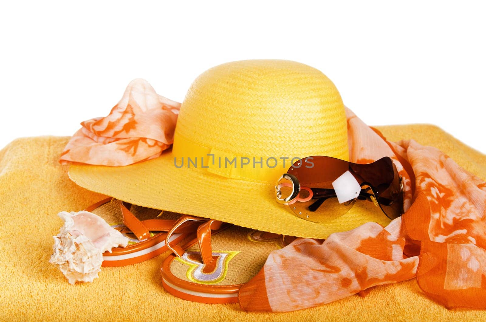 Beach items isolated on white background conceptual image of summertime vacation