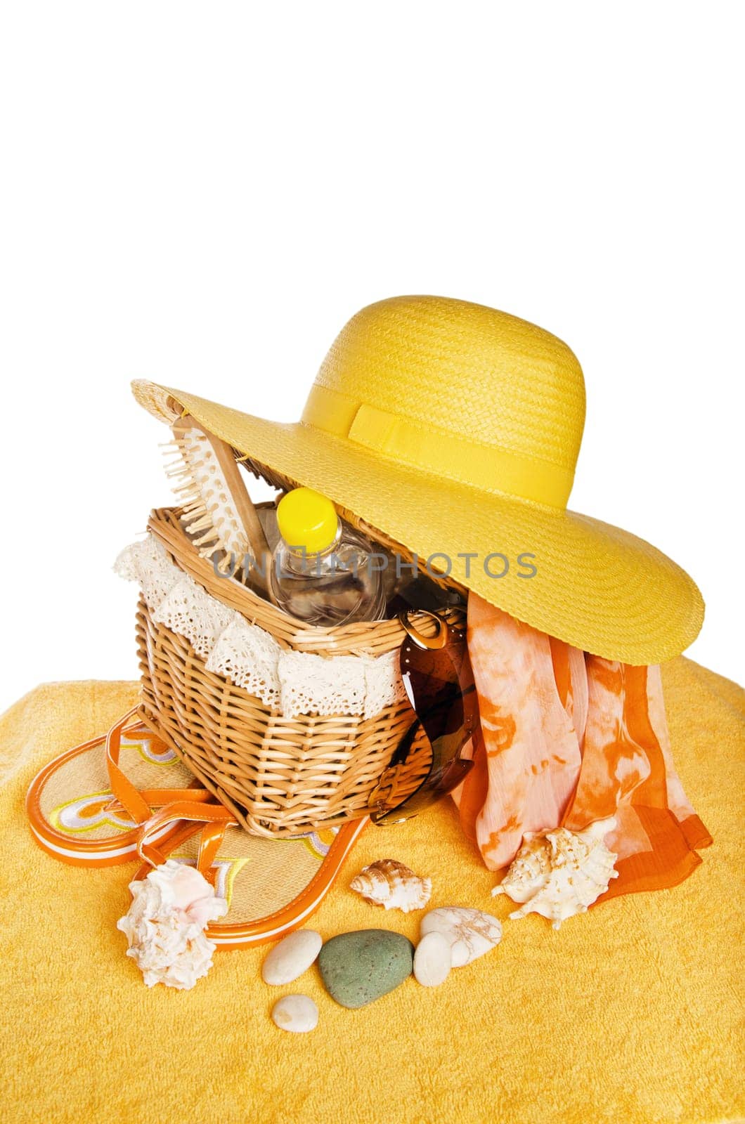Beach items isolated on white background conceptual image of summertime vacation