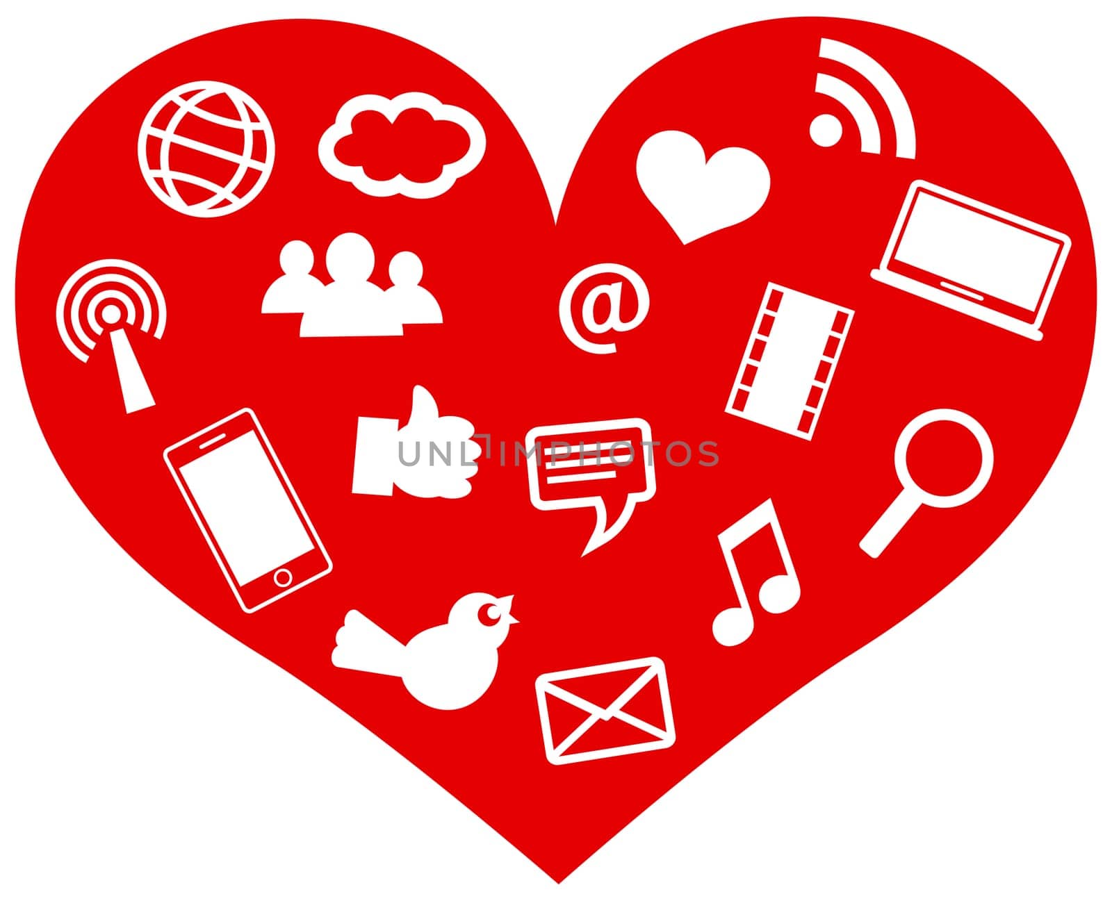 Red Heart with Social Media Icons and Symbols Isolated on White Background Illustration