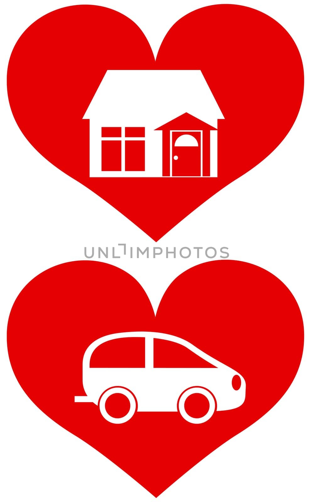 Red Heart with House and Car Icons and Symbols Isolated on White Background Illustration