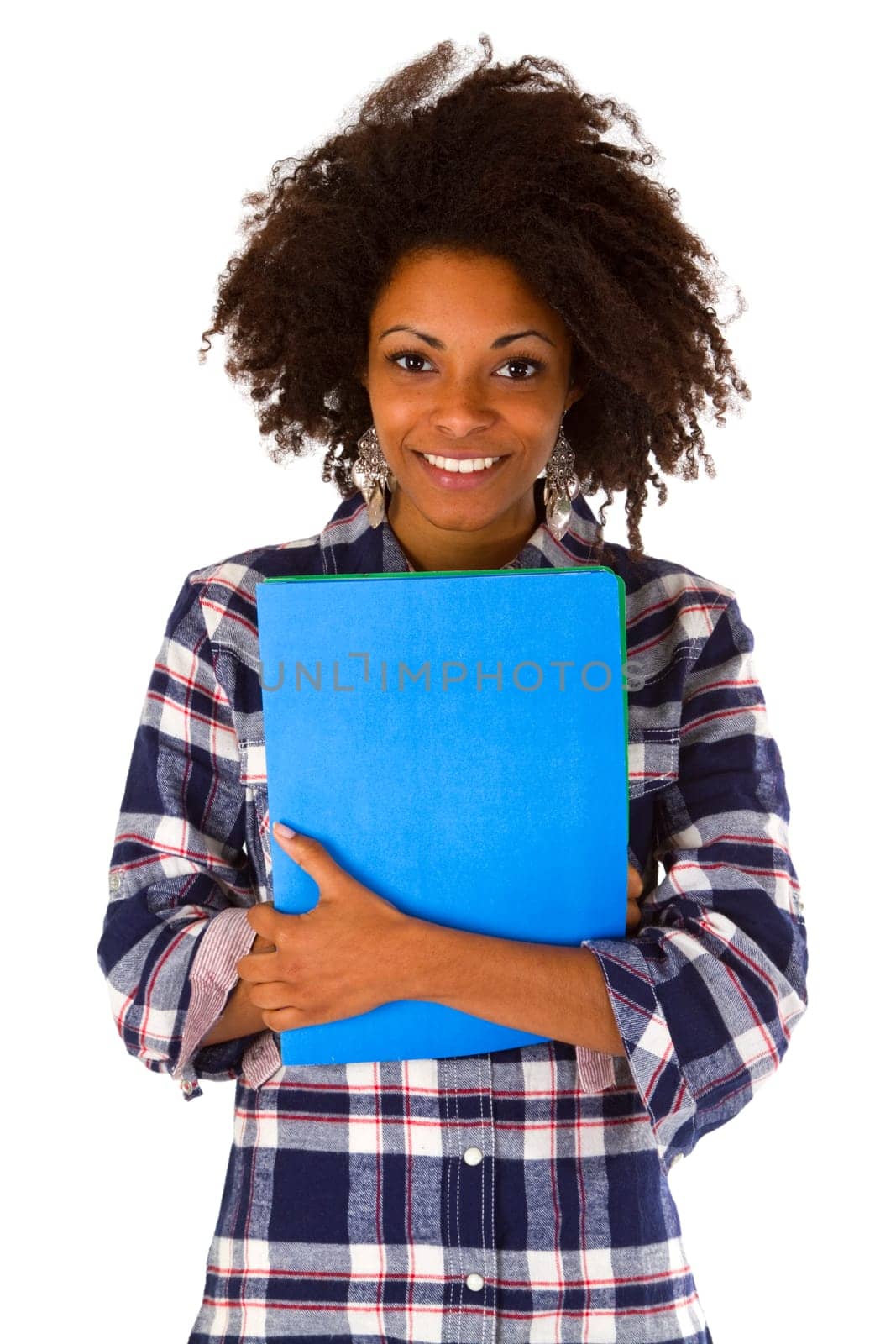 Young attractive woman holding portfolios isolated on white background