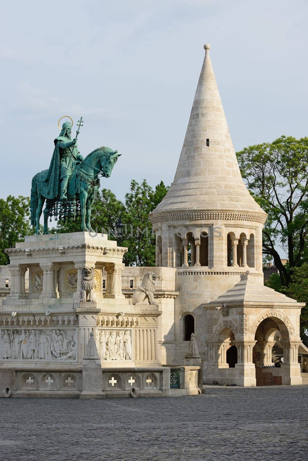 Saint Stephen was the first King of Hungary who converted the tribes to Christianity. Statue at Budapest in front of The Fisherman's Bastion.