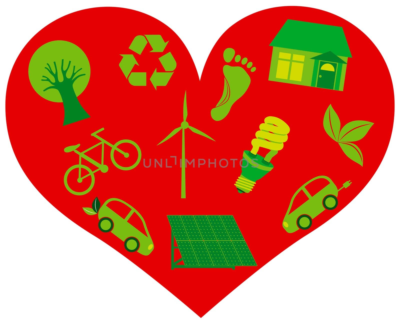 Red Heart with Eco Friendly Recycle Icons and Symbols Isolated on White Background Illustration