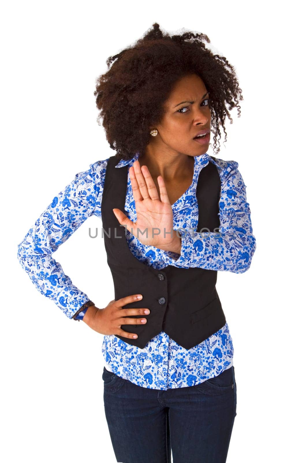African American woman says no - isolated on white background