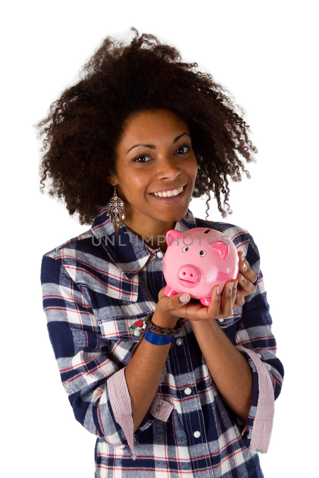 Young african american woman with piggy bank - isolated on white background