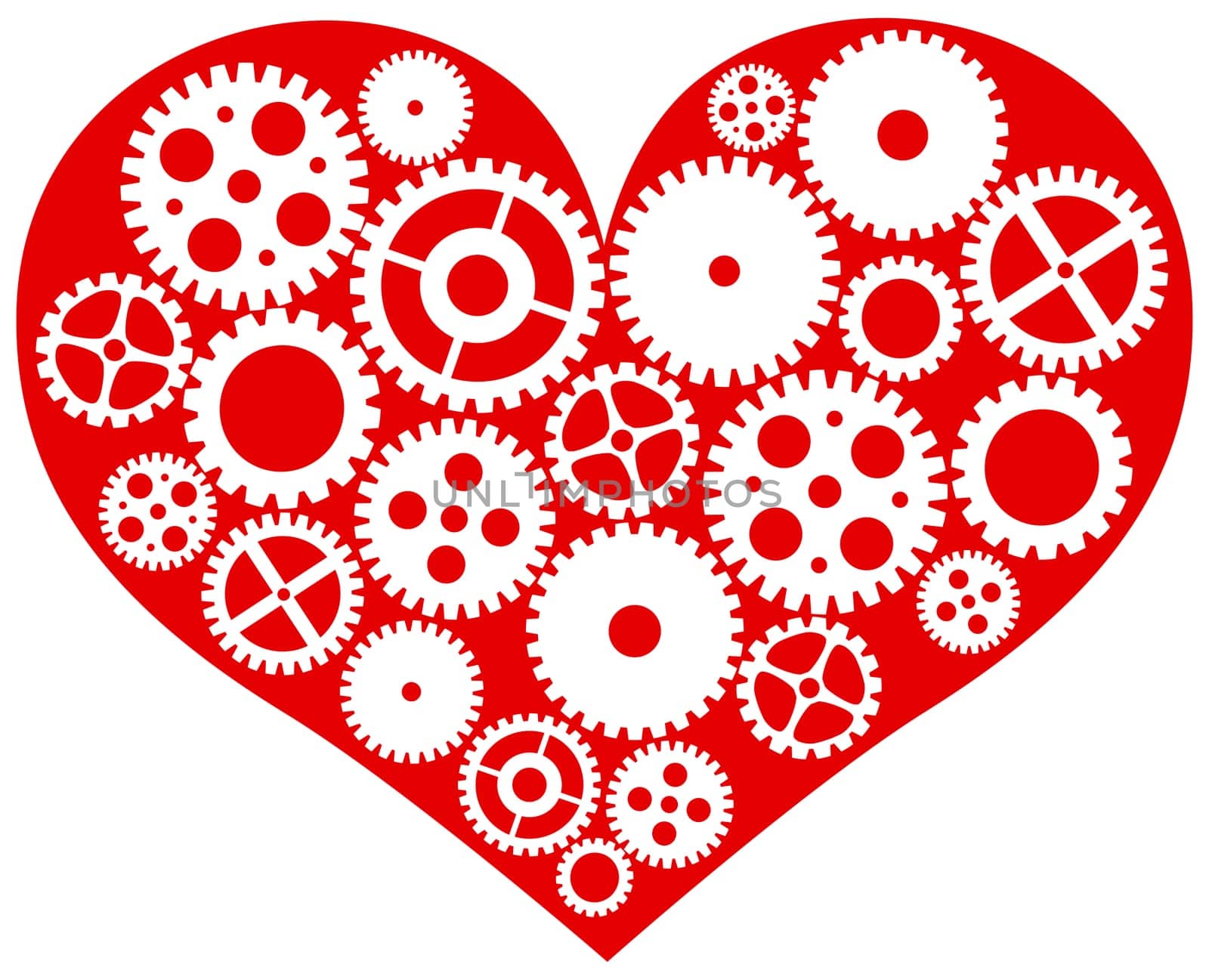 Valentines Day Red Heart with Mechanical Gears Isolated on White Background Illustration