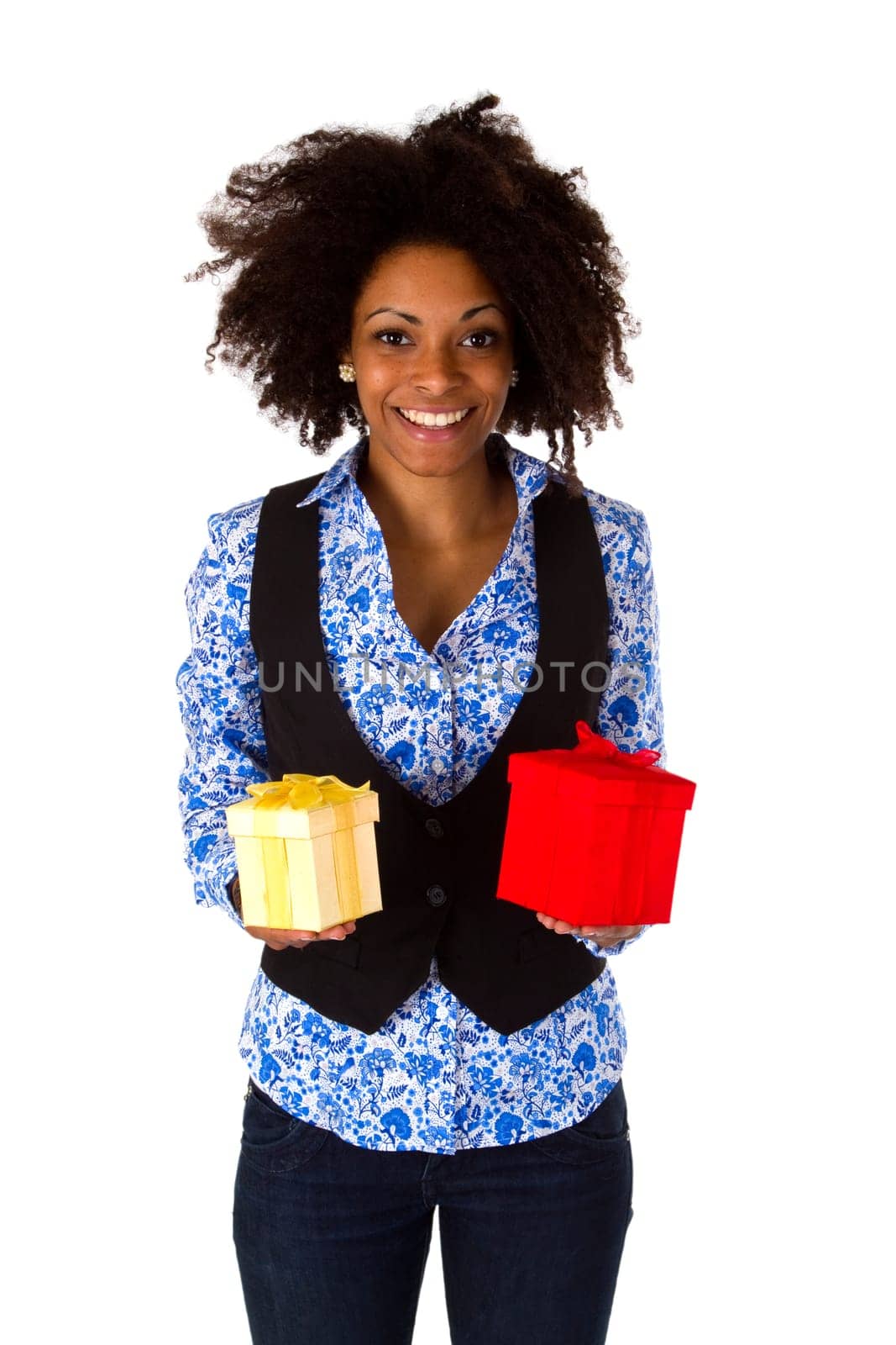 Young African American woman with two gift boxes - isolated on white background