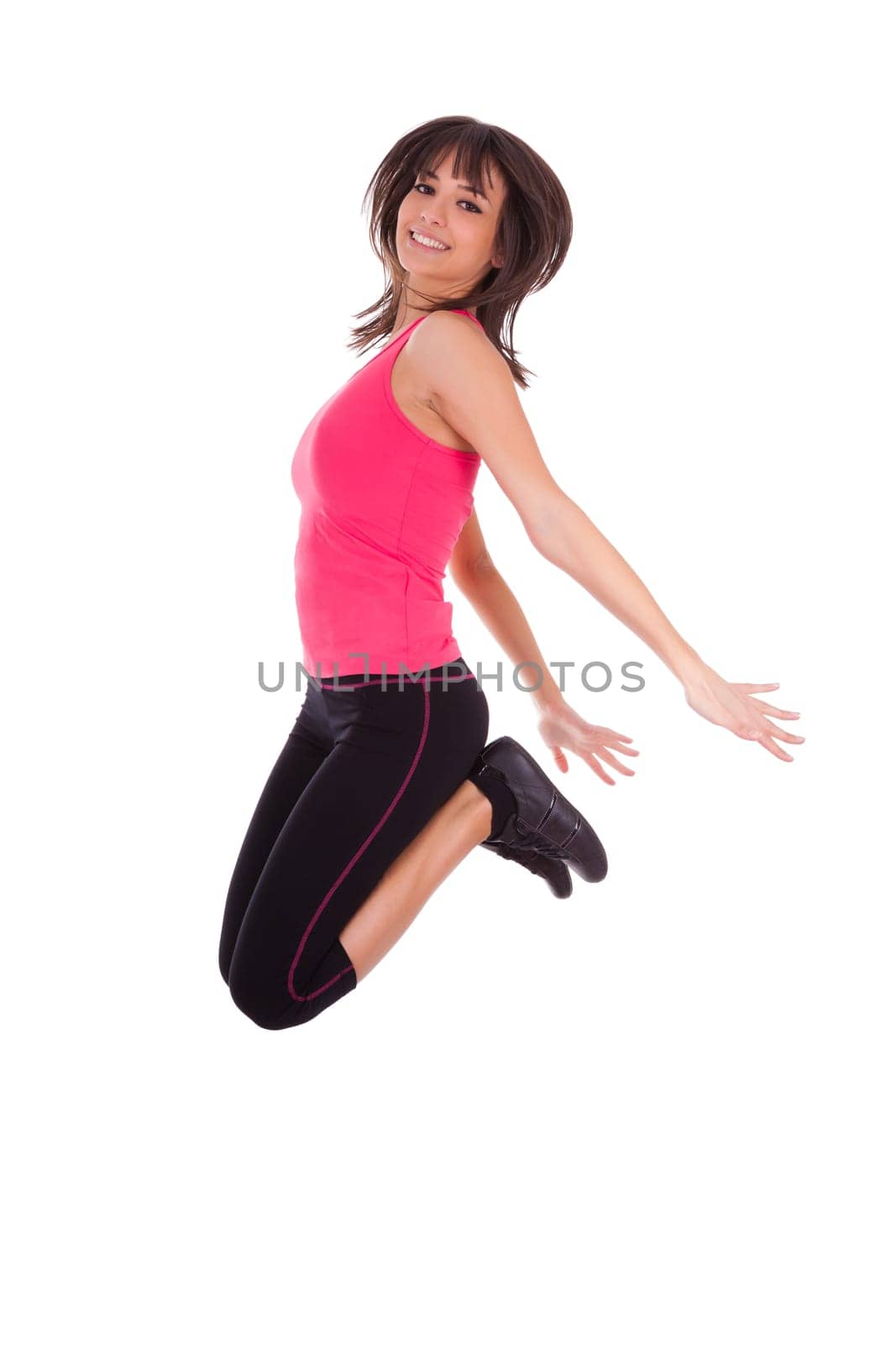 Weight loss fitness woman jumping of joy,isolated on white background