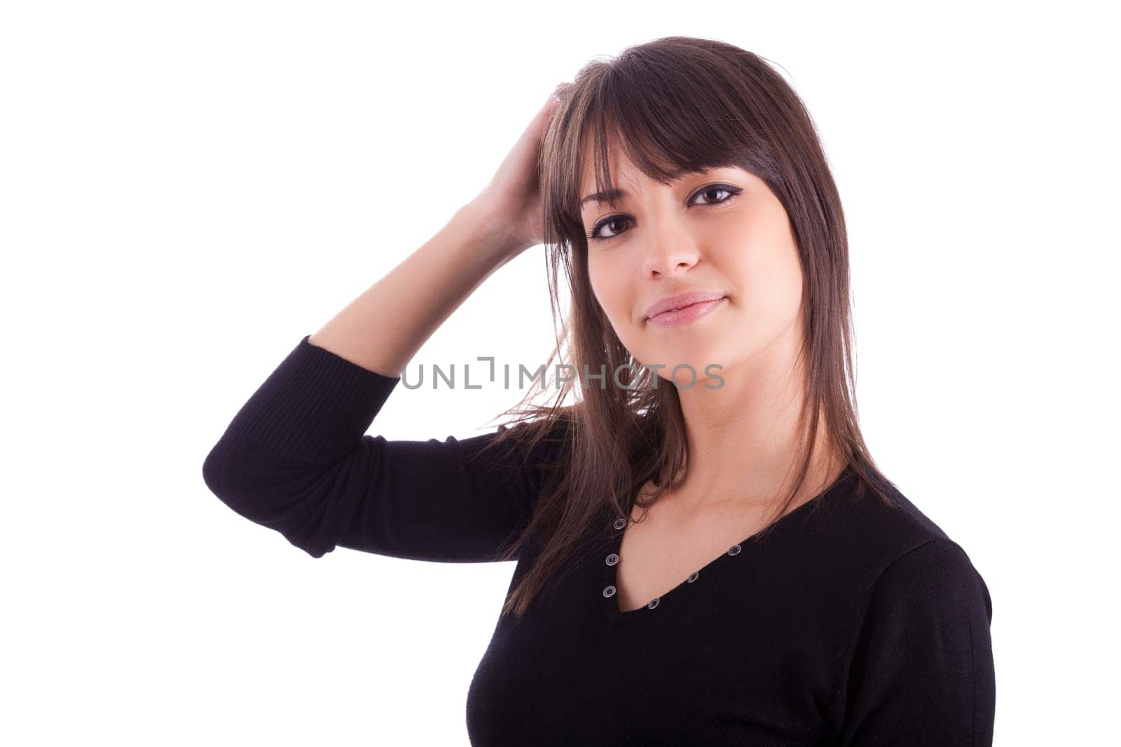 Close up portrait of young beautiful caucasian woman, isolated on white background
