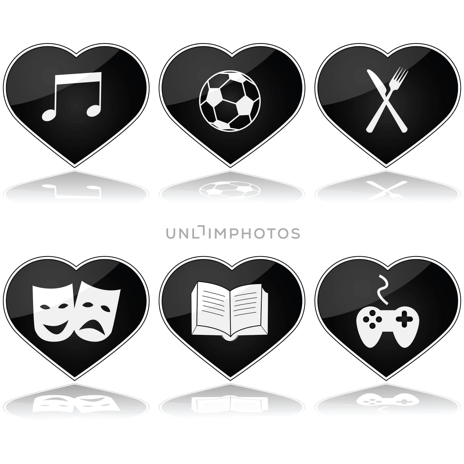 Concept illustration showing a set of hearts with different hobby interests inside them