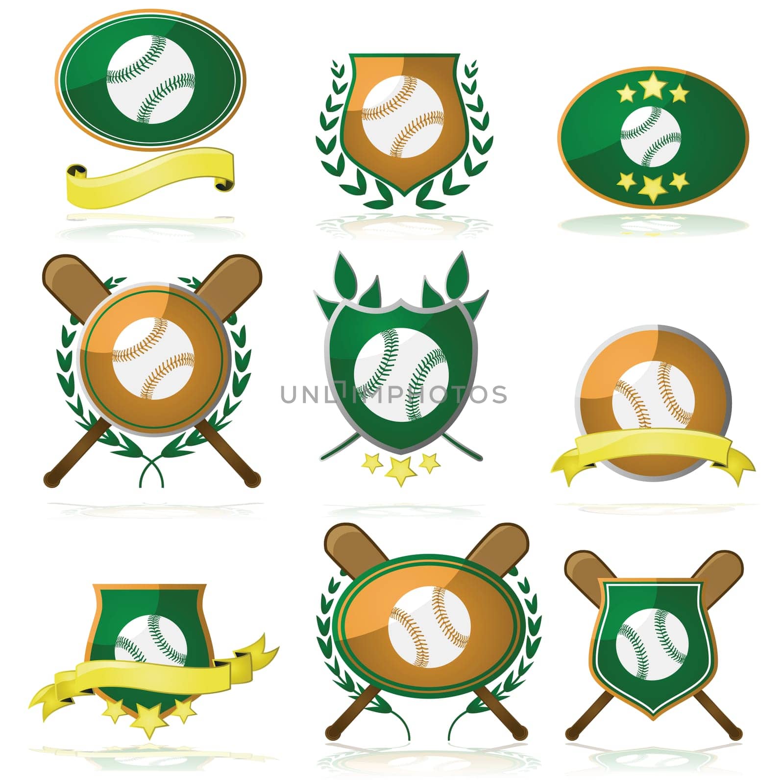 Set of shields and badges showing a baseball and other elements