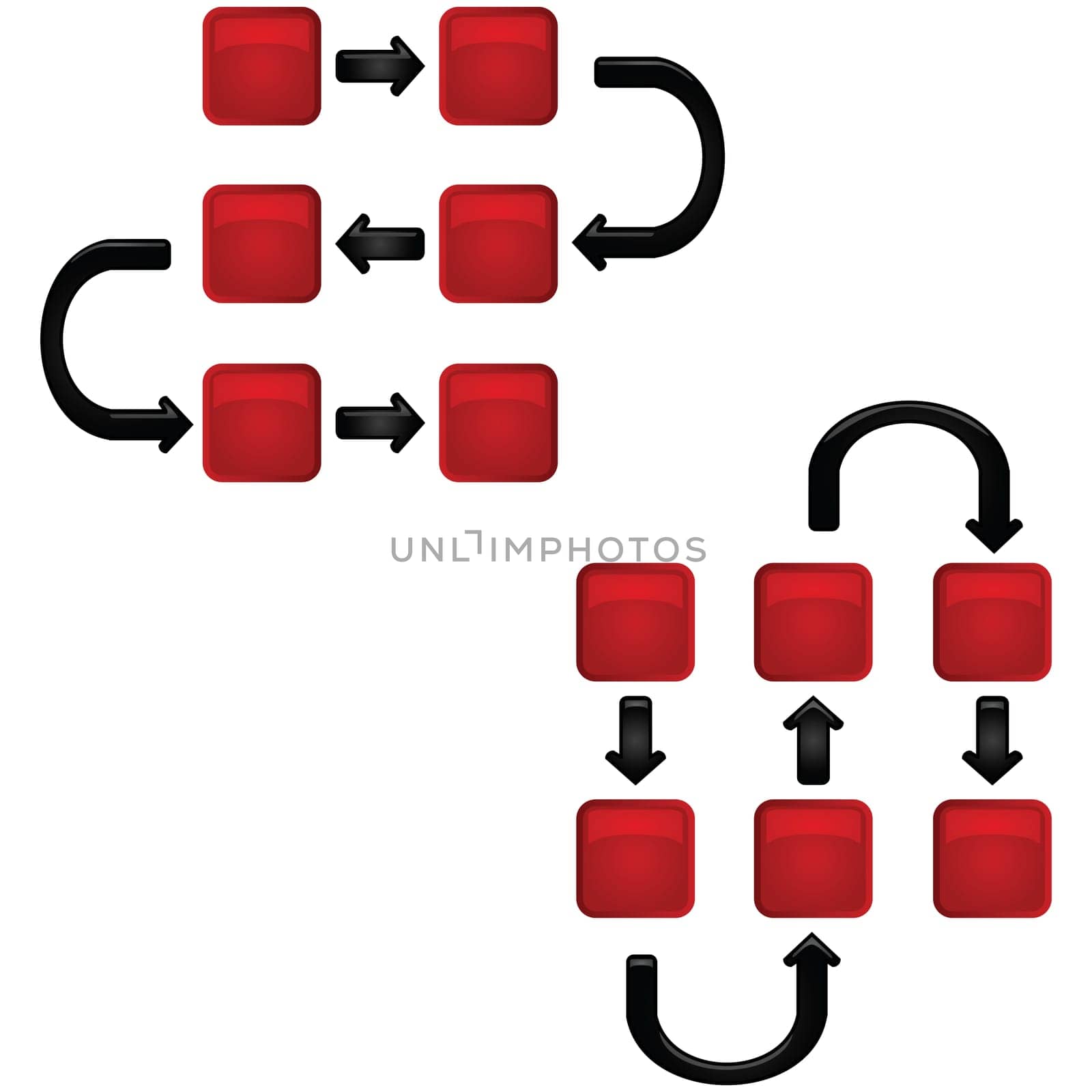 Concept illustration showing two series of boxes connected by arrow paths