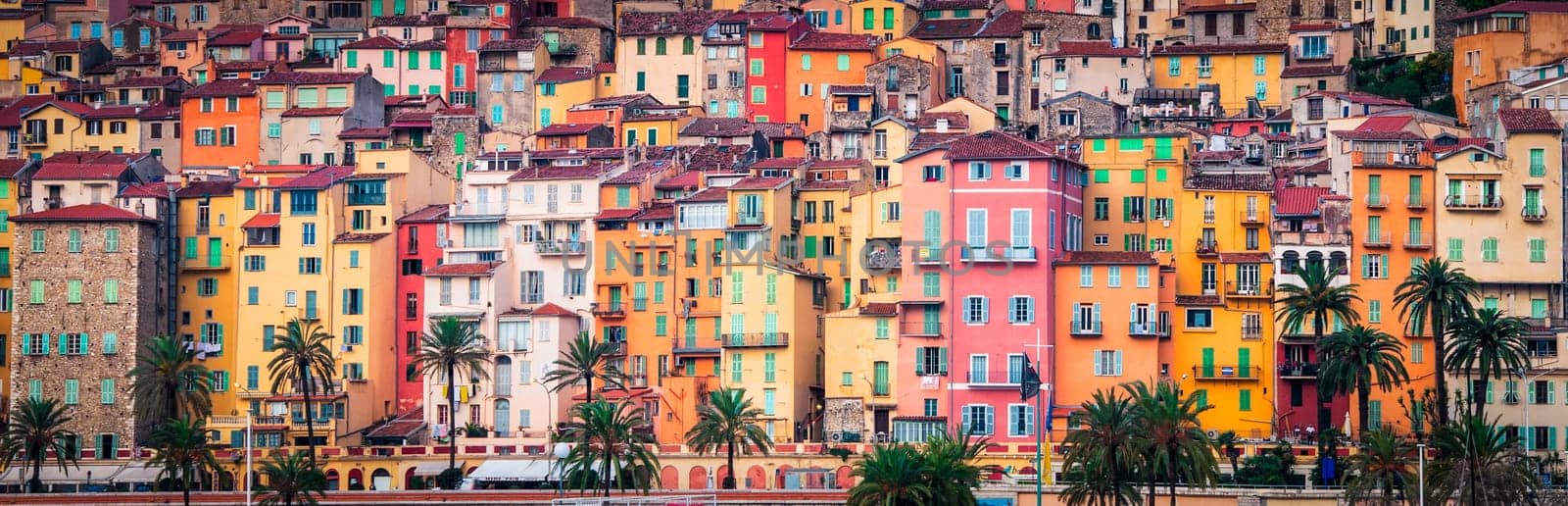 Detail of colorful Provence village houses, Menton, France