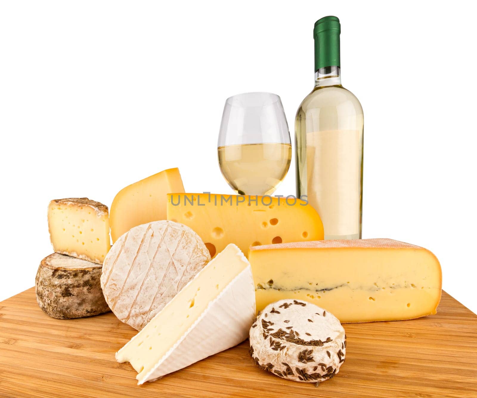 Different types of cheese with white wine on board