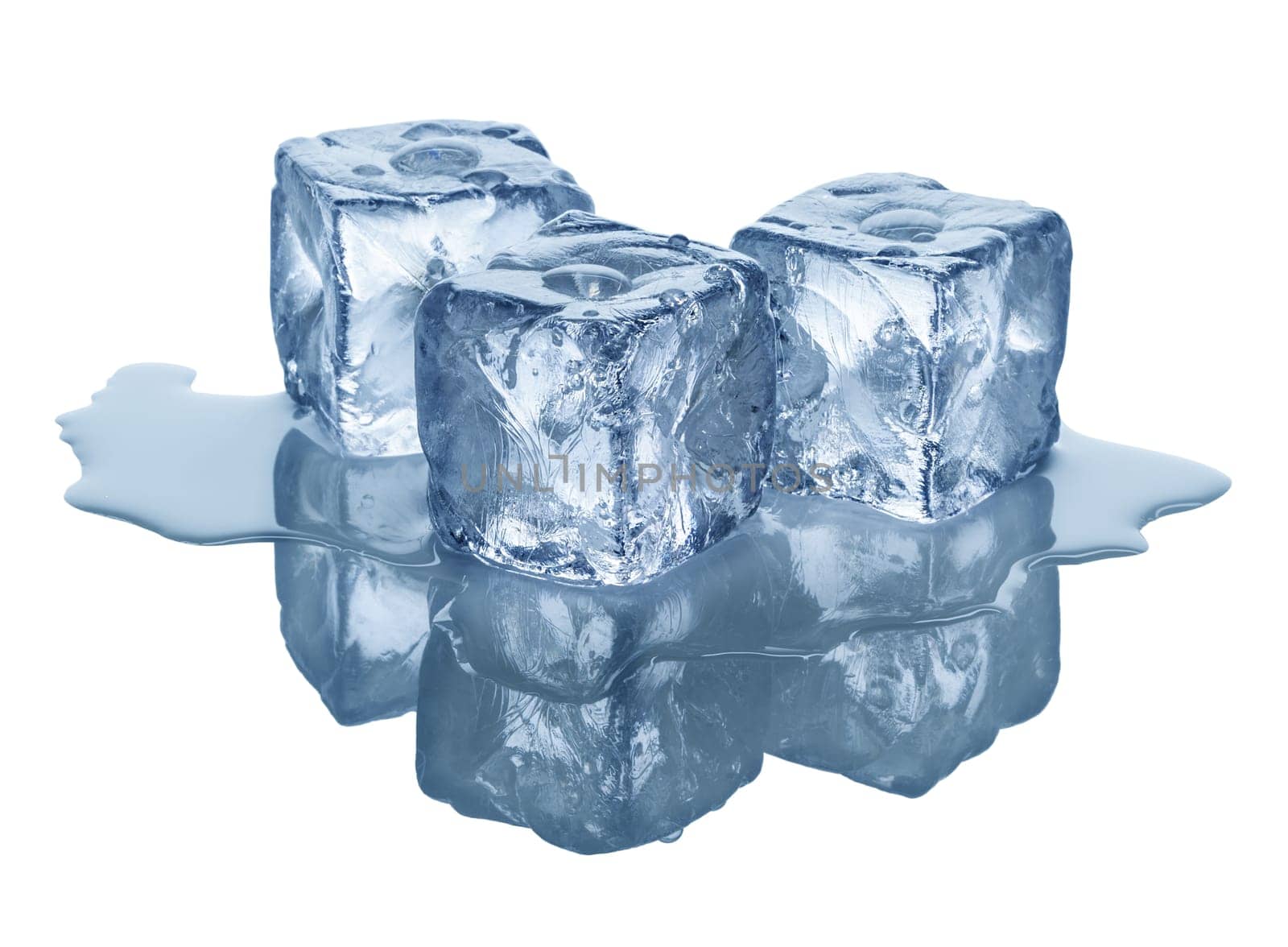 Three ice cubes on white background
