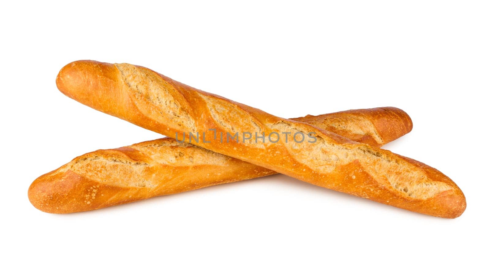 2 french baguettes on white background