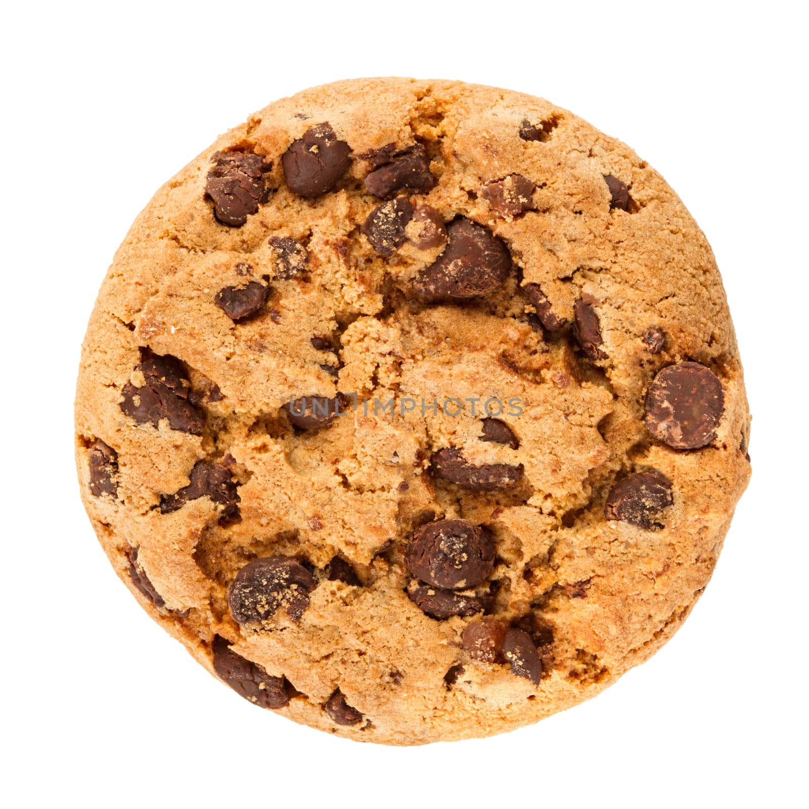 Chocolate cookie in front of white background.
