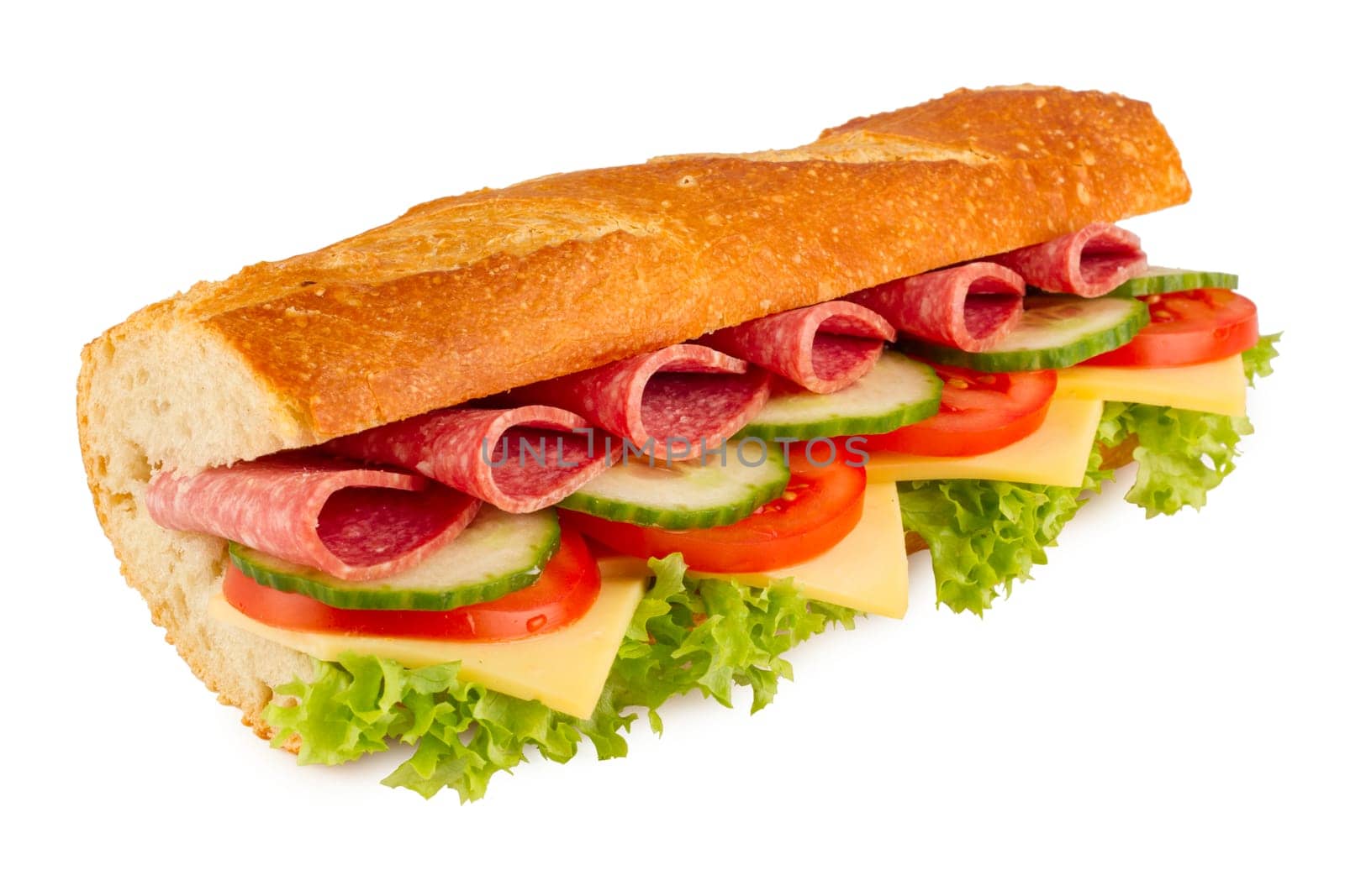 Salami sandwich against white background