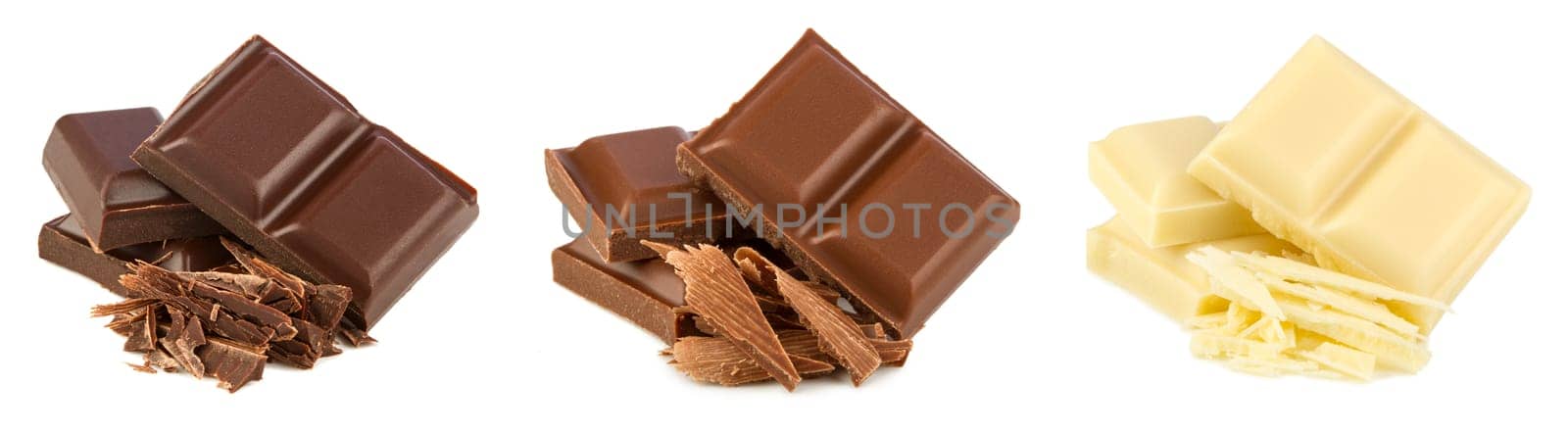 Stack of white,milk and delicate dark chocolate